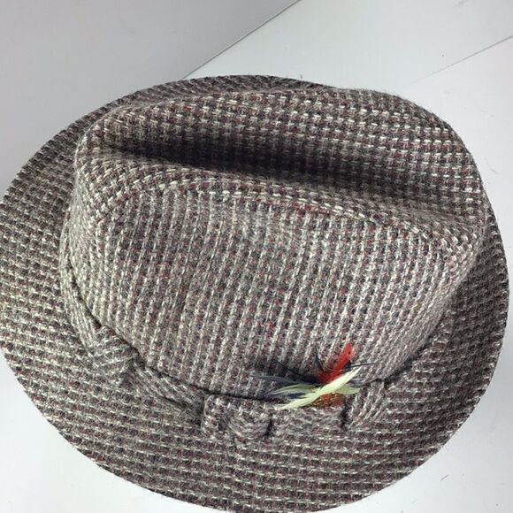 Stetson Hat Vintage Tweed Wool Feather Fedora Hat Brown Wool Plaid - Picture 5 of 10